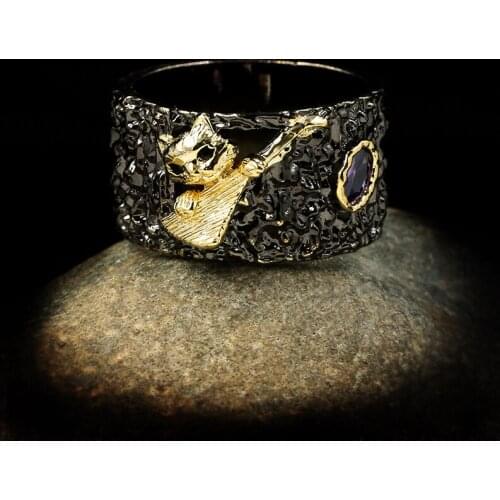 925 Silver Multicolor Cute Kitten Black Gold Ring For Women Wedding Engagement Geometric Anniversary Jewelry Gift