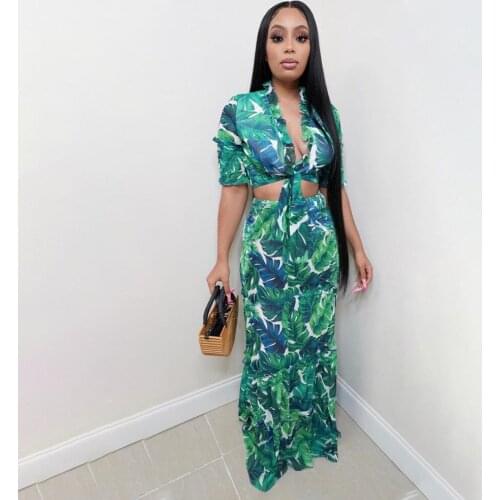 2021 High Quality New Design 2 pcs Women Set Print V-neck Short Tops Maxi Dress Summer Beach Outfits