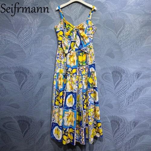 Seifrmann New 2021 Summer Women Fashion Runway Cotton Dress Sexy Spaghetti Strap High Waist Print Party Long Dresses Vestidos