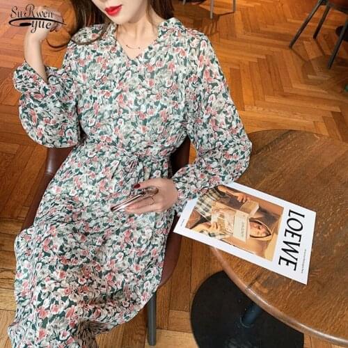 Spring New V-neck Vintage Dress Women Korean Style Floral Print Casual Dresses Long Sleeve Chiffon Dress Vestidos Mujer 13195