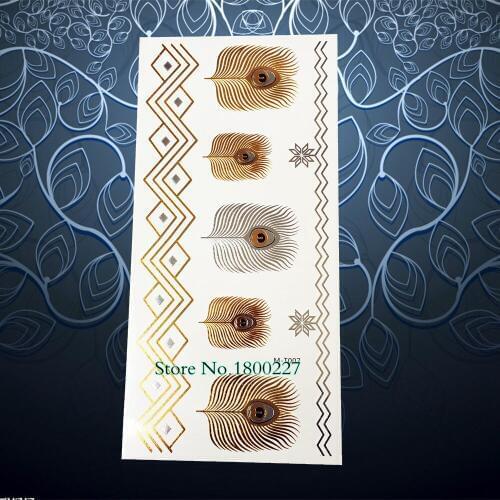 1PC Sexy Women Henna Gold Metallic Tattoo Peacock Feather Design Waterproof Flash Temporary Tattoo Sticker Arm Leg Makeup PM-T07