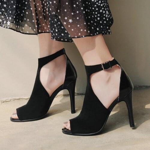 2021 Faux Suede Women Sandals Open Toe Thin High Heel Womens Shoes Back Zipper Fashion Ladies Party Shoes Black Wine Red