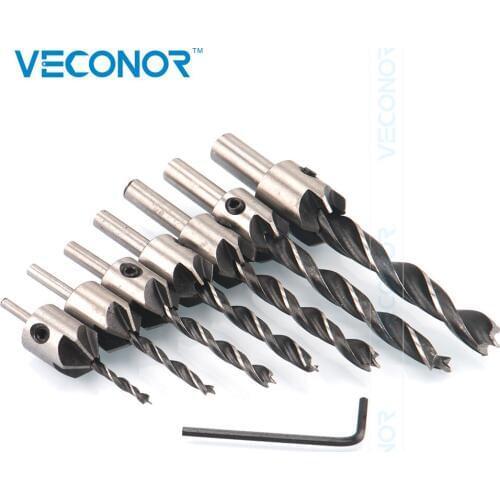 7PCS Countersink Drill Bits Set+1PCS Hex Shank Wrench 3/4/5/6/7/8/10mm HSS Carpentry Reamer Woodworking Chamfer Counter Bit Set