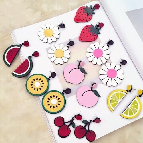 Cute Fruit Cartoon Lemon Strawberry Kiwi Peach Watermelon Flower Big Stud Earrings For Women Girls Ear Jewelry