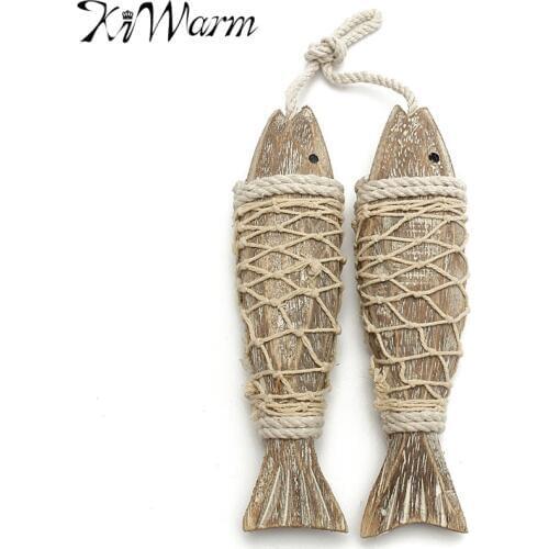 KiWarm 2Pcs Mediterranean Style Rustic Coastal Hand Carved Hanging Wood Fish Ornaments Wall Sculptures For Home Hanging Decor