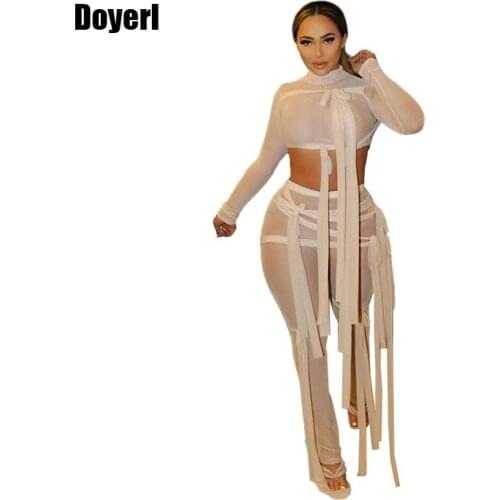 Sheer Mesh Sexy Two Piece Sets Club Outfits for Women Night Party Crop Top Pants Lace Up Bandage 2 Piece Outfit Matching Sets