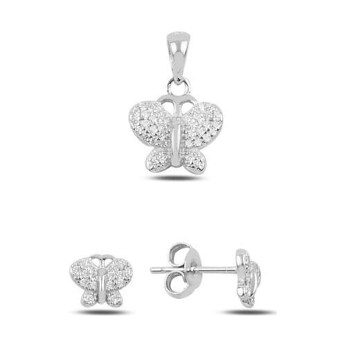Kutaydan Butterfly Zircon Earrings & Pendant Set 925 Sterling Silver Made in Turkey