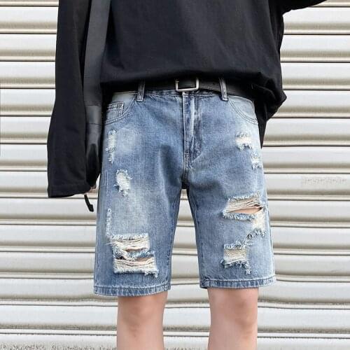 Summer Denim Shorts Mens Hole Beggar Loose Straight Pants Korean Trend Ins Wild Five-Point Casual Short Jeans