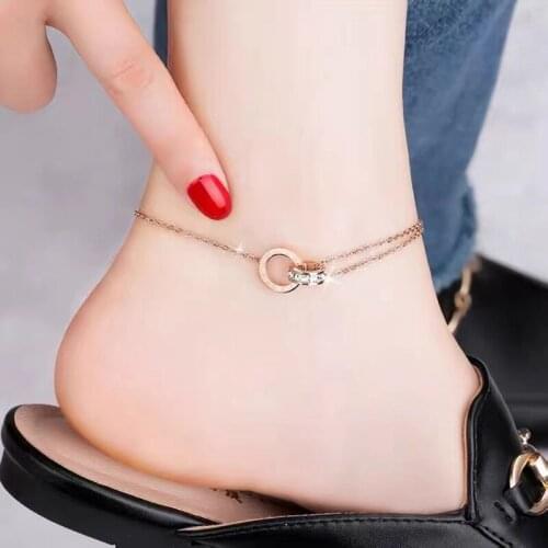 Korean Style Fashion Zircon Roman Numerals Double Loops Cross Women Anklet Female No Fade Stainless Steel Ankle Bracelet Jewelry