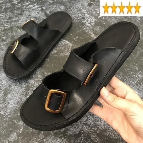High Quality Cow Men Handmade Vintage Metal Buckle Sandals Summer Washed 100%Real Leather Leisure Flat Slippers