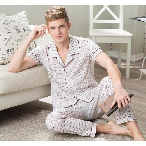 Newest Mens Pajamas Spring Summer Autumn Short Sleeve Sleepwear 100% Cotton Short Pajamas Set Newest Mens Home Clothing