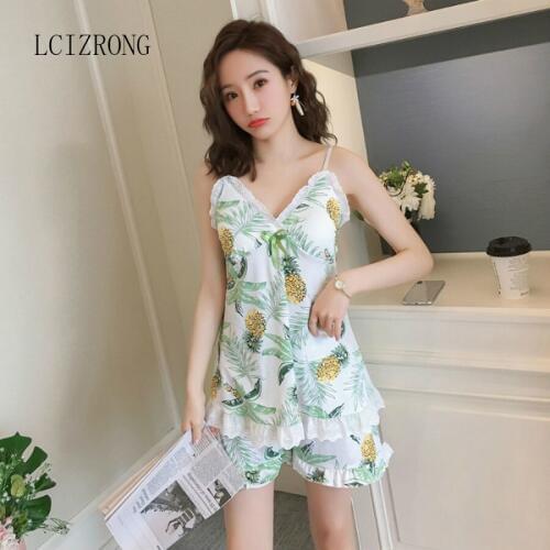 Sexy Spaghetti Strap Women Pijama Set Summer Ruffles Print Camisole+Shorts Sleepwear Pajama Set Casual Cool V-neck Home Clothes