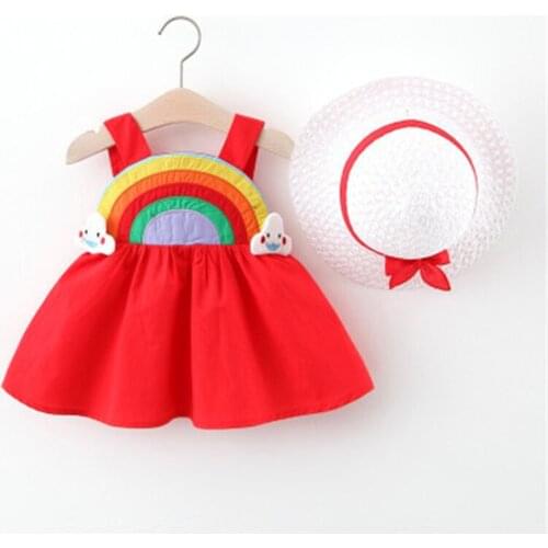 Baby Girls Dress With Hat 2pcs Clothes Sets Girls Print Toddler Kids Clothes Baby Sleeveless Birthday Party Princess Dress