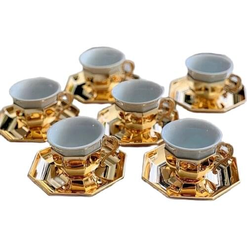 Luxury Set of 6 Person saucer and square cup mugs espresso cups Special Turkish Arabic Coffee Coffeeware Porcelain gold-silver