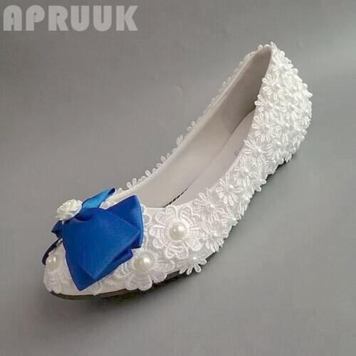 Wedges 3CM tiny heel white lace wedding shoes bride handmade luxury lace flower pearls royal blue bow bridal brides shoes woman