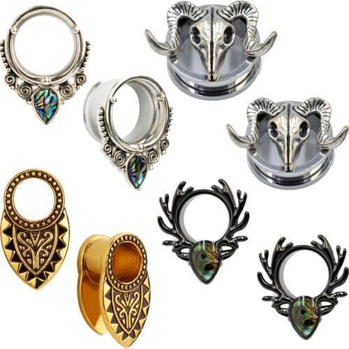 BOG-5Pairs stainless steel Sheephead ear screw plugs Gold Den Ear Weight Shell Pearl TeardropDouble Flared Ear Tunnel Plug