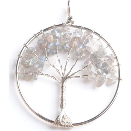 WOJIAER 52mm Handmade Labradoirte Natural Stone Round Whole Wrap The Tree Of Life Pendant PN3314