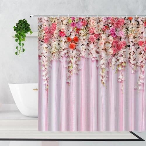 Pink Flowers Shower Curtain Red Rose Poppy Dream Purple Lavender Girl Bedroom Decoration Curtains Set Waterproof Bathtub Screen