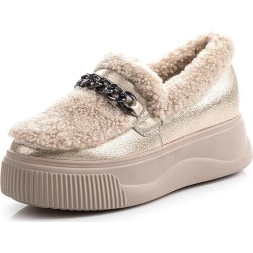 Ladies Genuine Leather Ankle Boots Fashion Wool Warm Winter Platform Shoes Slip-on Snow Boots Women Casual Thick Bottom Botas