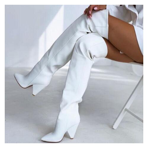 Dipsloot Sexy White Brown Green Black Blue Python Leather Spike Heels Over The Knee High Boots Woman Slip On Pleated Long Boots