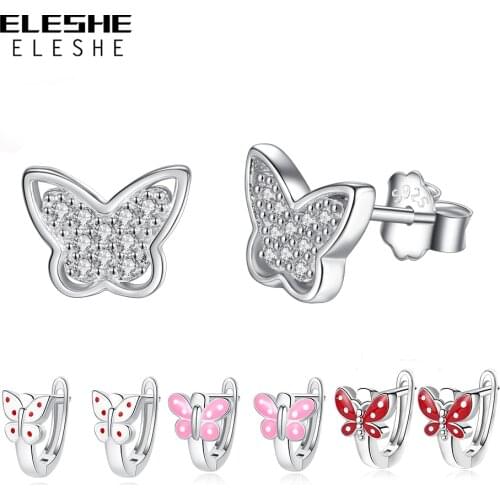 ELESHE Spring Cute 925 Sterling Silver Earrings with Crystal Zircon Butterfly Stud Earrings for Women Girls Kids Wedding Jewelry