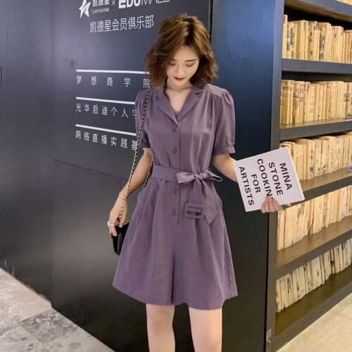 Women 2021 Summer New Playsuit Female Casual High Waist Wide Leg Pants Playsuits Ladies Solid Color Short Jumpsuit Overalls U201