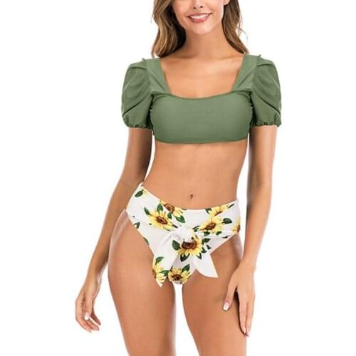 Two-Pieces Women Printed Bikini Set 2021 Push-Up Bubble Sleeves Bow Swimsuit Swimwear Bathing Suit Beachwear Biquini