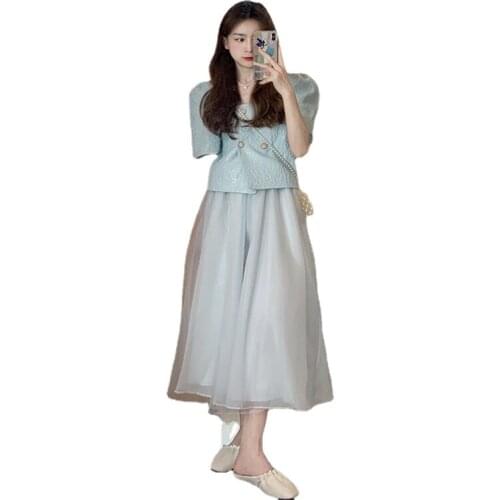 Summer Women Fashion Two Piece Sets Double Breast Puff Sleeve Short Shirt&High Waist Mesh Skirt 2pc Dress Suits Matching Sets