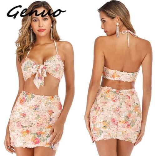 Genuo New Two Piece Floral Mesh Sequin Dress Women Summer Vacation Outfits Sexy Halter Backless Bodycon Mini Dress Chic Clubwear