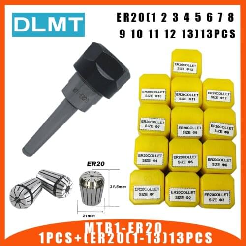 1pc handle MT1 ER20 MTB1 ER20A M6 Morse#1 taper holder collet chuck+13pcs spring collet 1/2/3/4/5/6/7/8/9/10/11/12/13MM