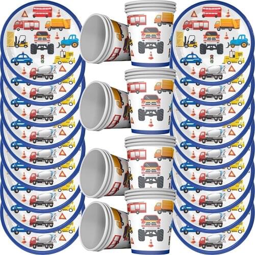 40pcs/lot Cartoon engineering car Baby shower party disposable set Birthday Party decoration kids party supplies cup + plate