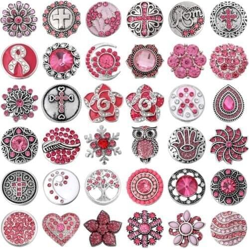 6pcs/lot 18mm Snap Button Jewelry Mixed Pink Rhinestone Snap Buttons Jewelry Fit Snap Button Necklace Charms Jewelry