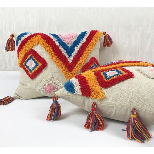 Boho Style Cushion Cover Pillow Case Wool Handmade with Tassels For Sofa Seat Simple Home Decorative Linen Gold Thread 30x50cm