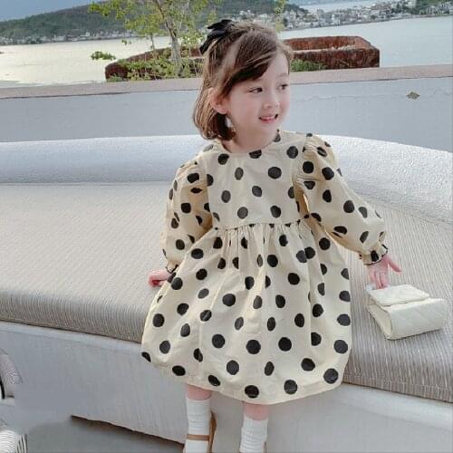 Girls Polka Dot Lantern Sleeve Dress Spring And Autumn New Childrens Cotton Long-Sleeve Casual Sweet Princess Dresses WTA14