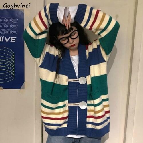 Cardigan Sweaters Women Top Fall V-neck Striped Panelled Korean Style Single Breasted Stylish High Elasticity Breathable Leisure