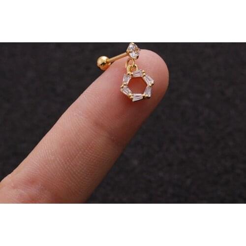 Simple Lovely Small Gold Color Zircon Circle Pendant Ear Cartilage Clip Cuff Cute CZ Steel Bar Ear Stud Jewelry