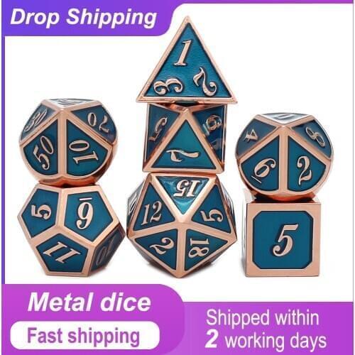 Metal Dice D4 D6 D8 D10 D% D12 D20 with Black Soft Drawstring Pouch for DnD RPG Board Games Copper and blue 7 pcs dice set box