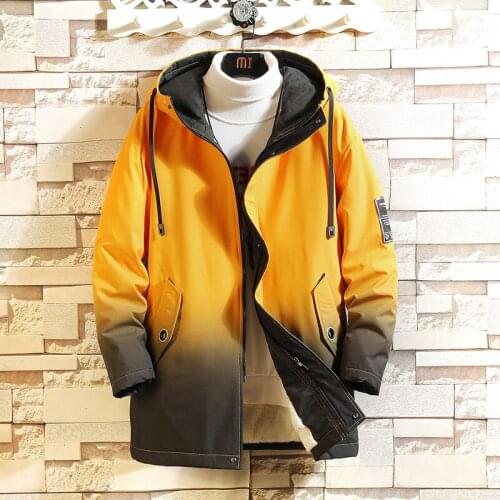Mens Winter New Style Plus Velvet Gradient Mid-length Jacket Mens Korean Style Slim Youth Leisure Color Matching Puffer Coat