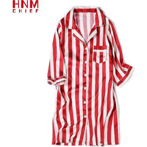 HNMCHIEF Red Stripe Sleepshirts Fashion Night Dress Women Nightgowns Sleepwear Satin Silk Robe Comfortable Sleep & Lounge