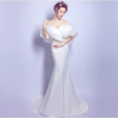 2020 New Sexy Slim Word Shoulder White Fish Tail Trailing Bride Wedding Dress Mermaid Wedding Dresses Dress Elegant Wedding