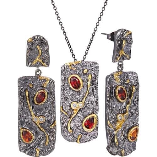 New Arrive Long Pendant Necklace Earrings Set Women Black Gold Vintage Red Water Drop Zircon Jewelry