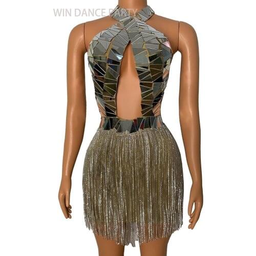 Sexy shiny silver mirror fringed dress stage performance costume bar Latin dance concert DJ singer/dancer costume