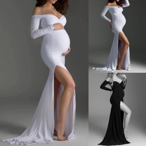 4# Shoulderless Maternity Dresses Photography Props Cotton Split Side Maxi Gown For Pregnant Women Long Pregnancy Dress Shoots