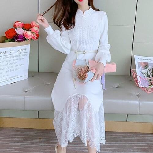 Women 2021 Spring Autumn Fashion Casual Warm Sweater Dresses Female Vintage Lace Patchwork Knitted Robe Elegant Vestidos Mujer