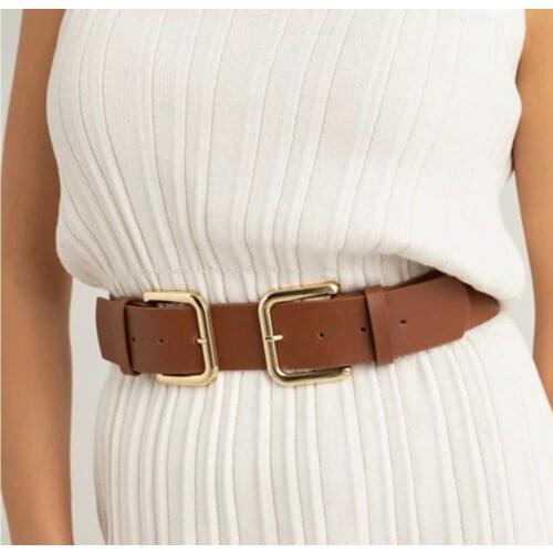 2021 New Model Women and Girls Belt 2 Buckle Luxury Golden New Design Faux Leather Belt Jeans Modern Brands