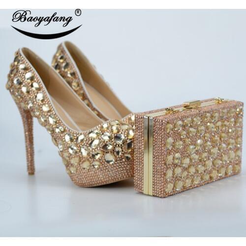 BaoYaFang Champagne Crystal Wedding shoes and bags set High Heels Platform shoes Thin Heel fashion shoes with matching bags