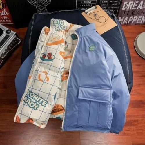 Woherb Reversible Parka Women Harajuku Winter Jackets Cartoon Print Padded Coat 2021 Vintage Loose Wadded Jacket Mujer Chaqueta