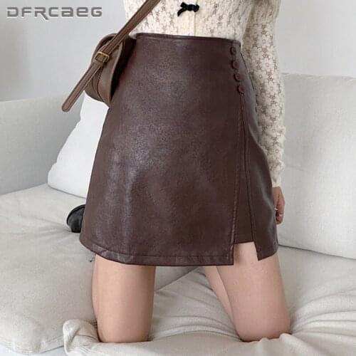 Autumn Brown Faux Leather A-Line Skirts Woman 2021 Fashion High Wasit Slim Korean PU Mini Skirts Feminino