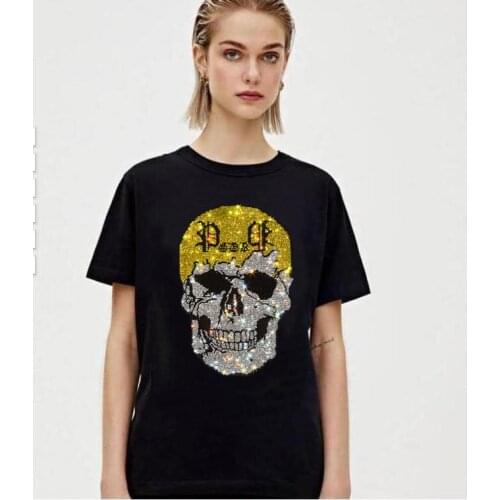 T-Shirt Rhinestones Women Cotton T-Shirt Short Sleeve Streetwear O-Neck Pullover Loose Tee Tops