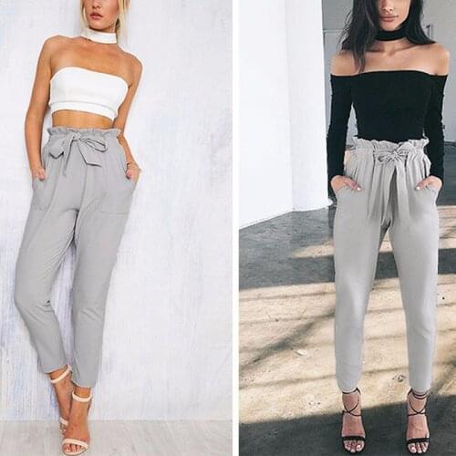 Women OL High Waist Harem Pants Bow Tie Drawstring Sweet Elastic Waist Pockets Fashion Casual Trousers Pantalones